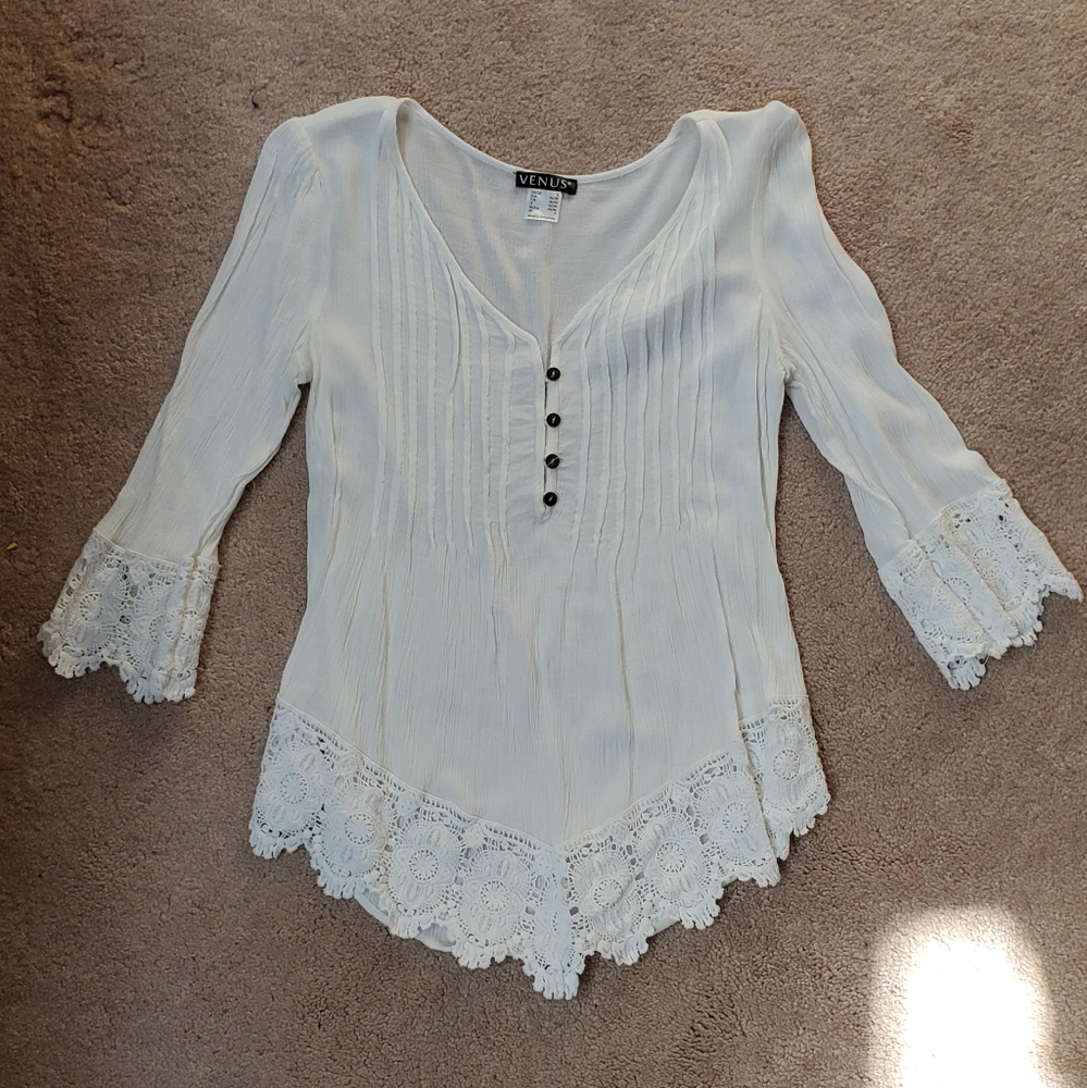 White linen shirt with buttons and lace detail